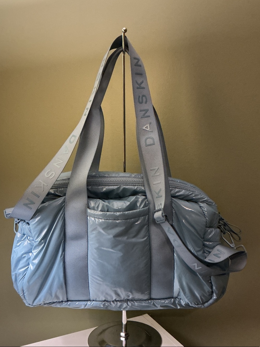 Danskin Rowan Glossy Light Blue Quilted Travel Tote Duffle Gym Bag Logo Webbing